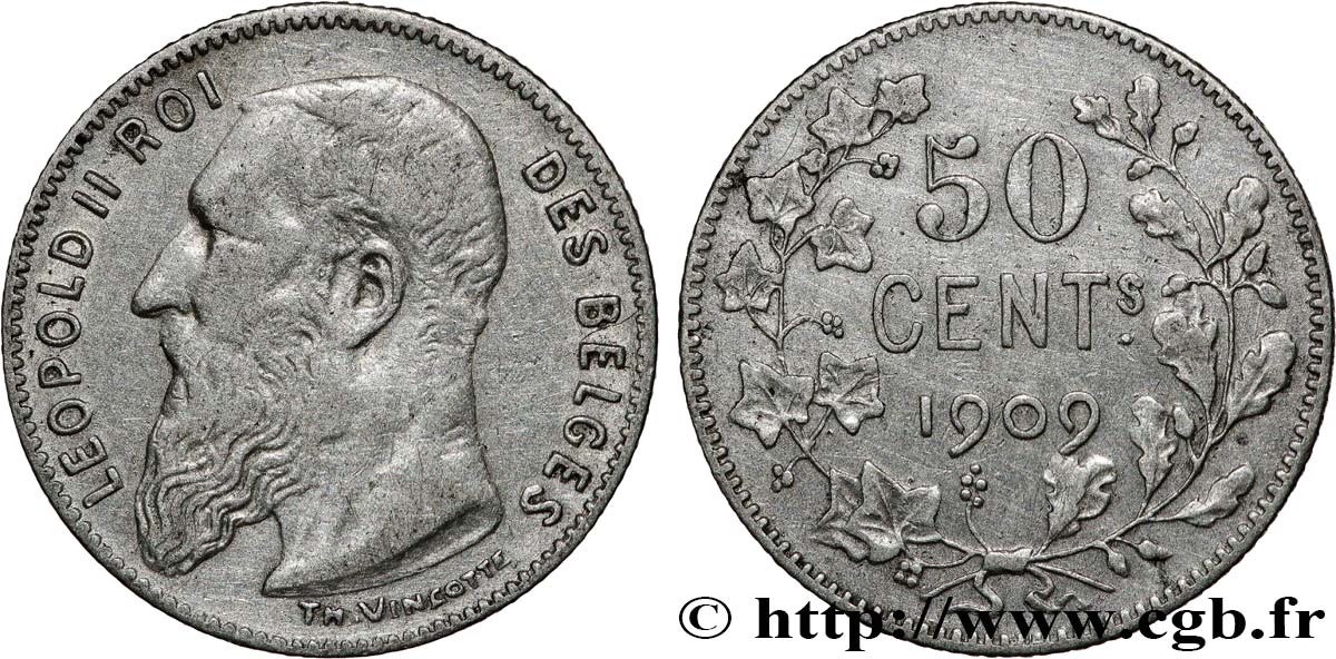 BELGIQUE 50 Centimes Léopold II légende en français 1909  TTB 