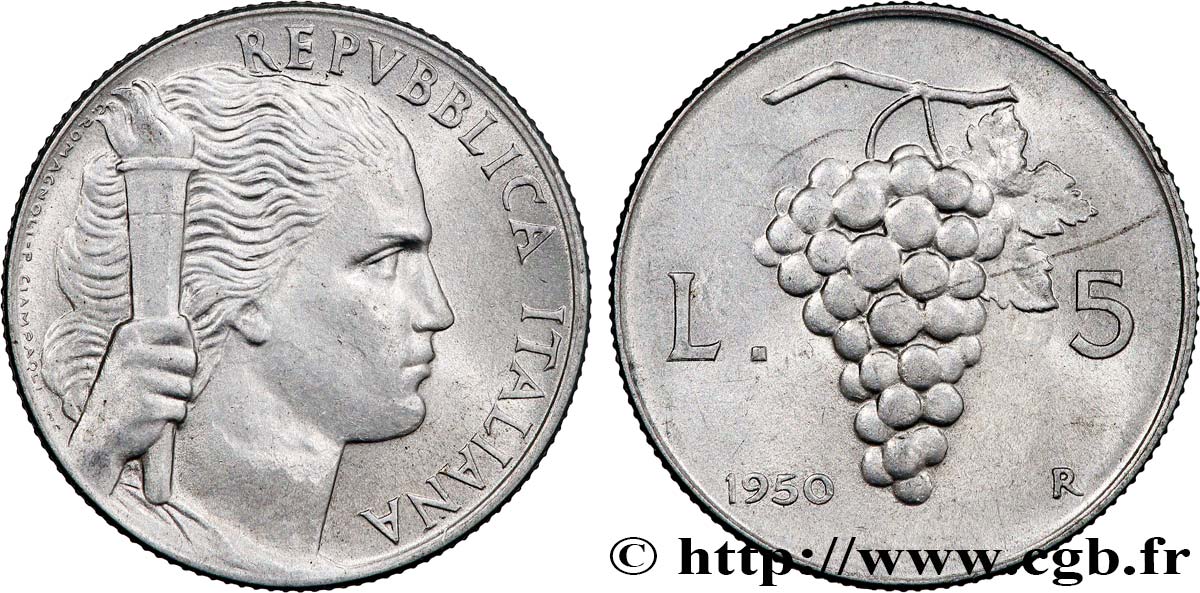 ITALIA 5 Lire “Liberté” à la torche 1950 Rome - R SPL 