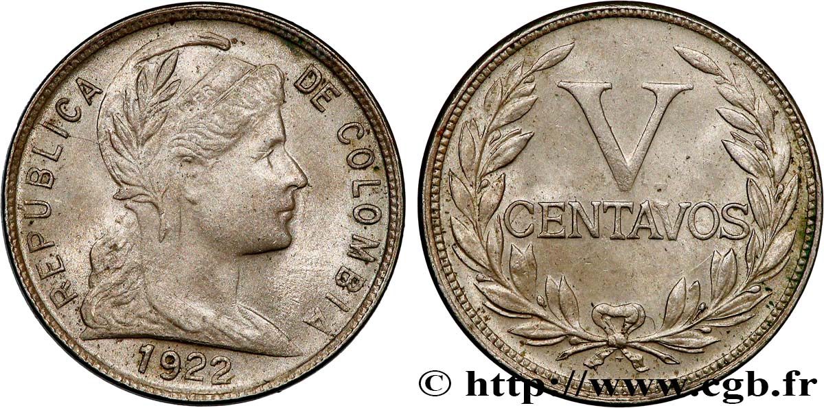 COLOMBIA 5 Centavos 1922  AU 