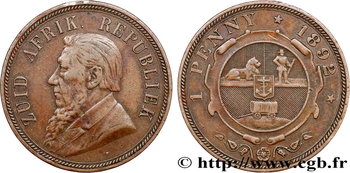 AFRIQUE DU SUD 1 Penny président Kruger 1892  TTB 