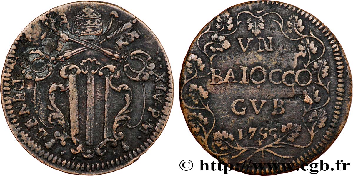 ITALIA - STATO PONTIFICIO - BENEDETTO XIV (Prospero Lambertini) 1 Baiocco  1755 Gubbio MB 