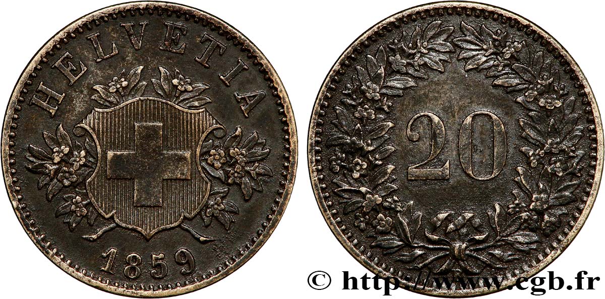 SVIZZERA  20 Centimes (Rappen) croix suisse 1859 Berne - B q.SPL 