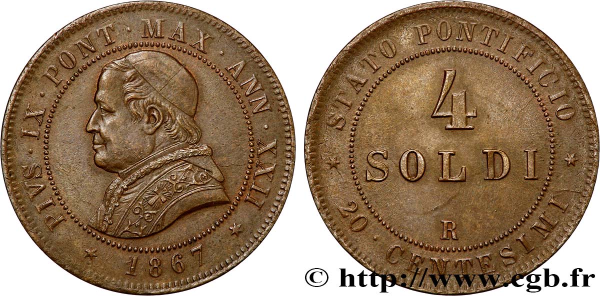VATICAN AND PAPAL STATES 4 Soldi (20 Centesimi) Pie IX an XXII 1867 Rome AU 