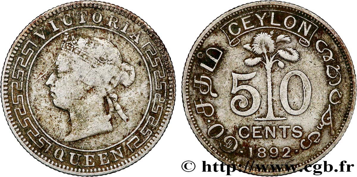 CEYLON 50 Cents Victoria 1892  VF 