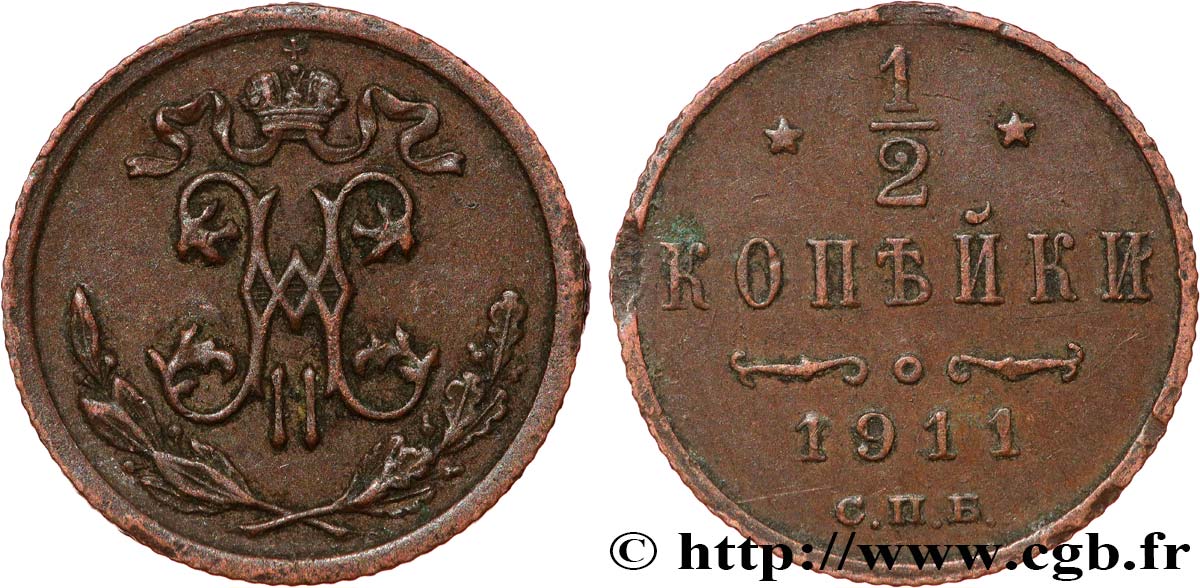 RUSSIE 1/2 Kopeck monogramme Nicolas II 1911 Saint-Petersbourg TTB 