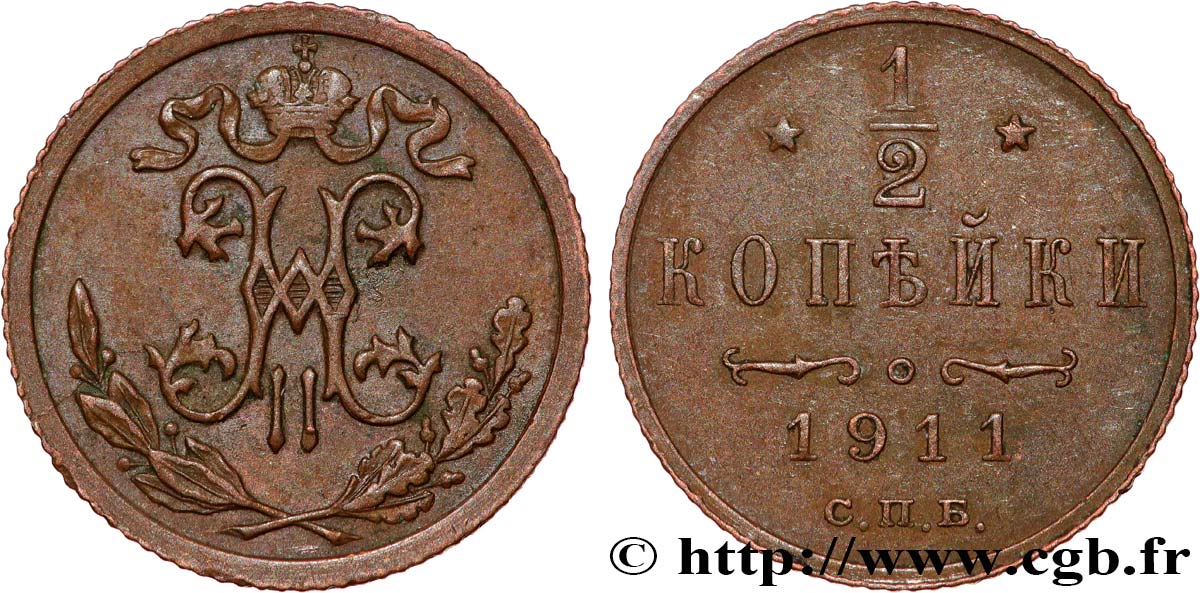 RUSSIE 1/2 Kopeck monogramme Nicolas II 1911 Saint-Petersbourg TTB+ 