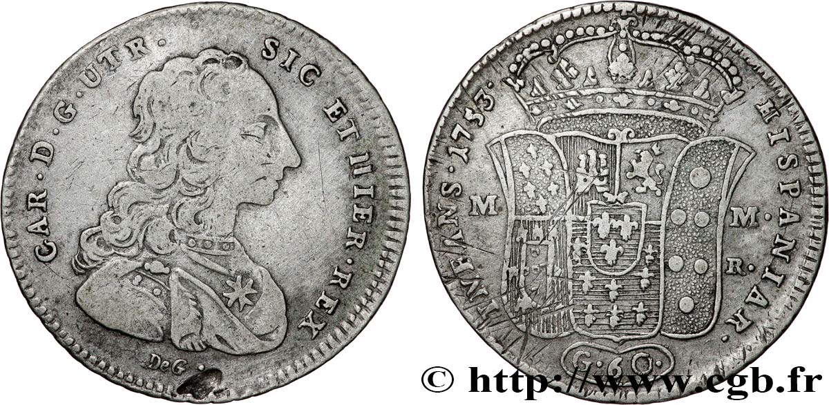 ITALY - KINGDOM OF NAPLES - CHARLES OF BOURBON 1/2 Piastre de 60 Grana  1753 Naples VF 