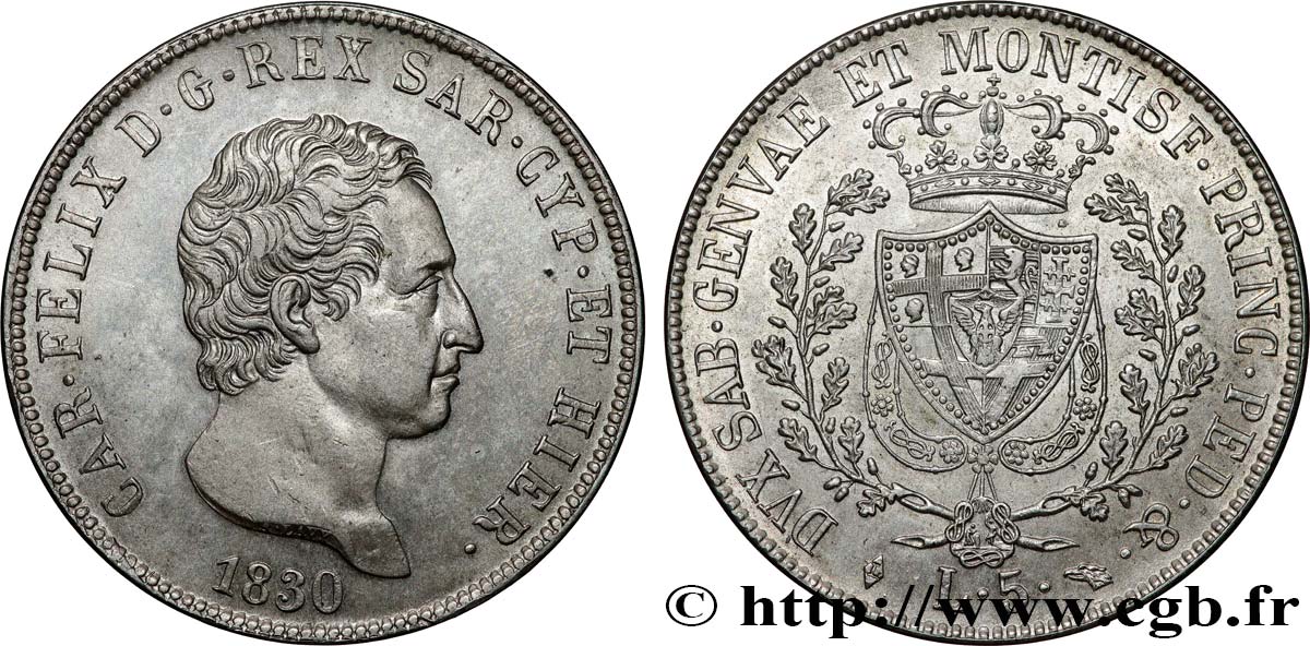 ITALY - KINGDOM OF SARDINIA 5 Lire Charles-Félix 1830 Turin AU 