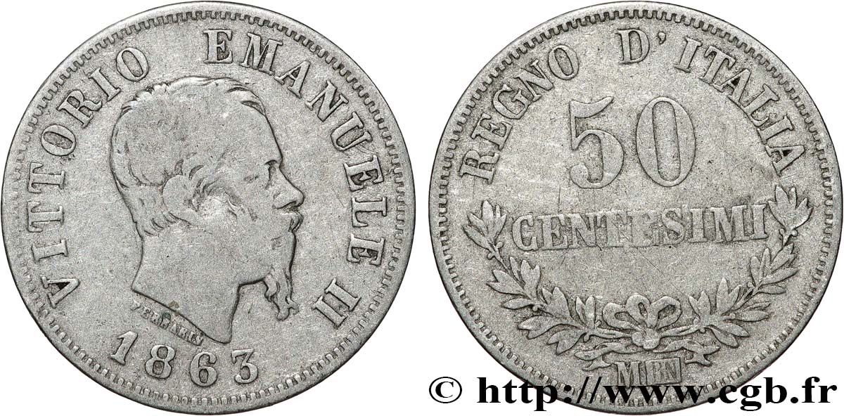 ITALIE 50 Centesimi Victor Emmanuel II 1863 Milan TB 