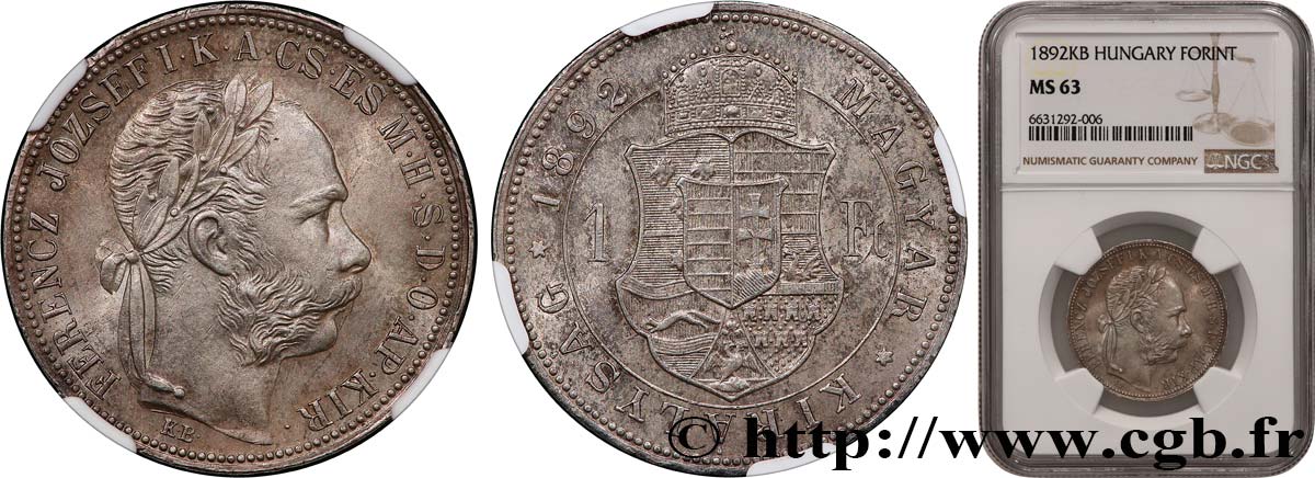 UNGHERIA 1 Forint François-Joseph 1892 Kremnitz MS63 NGC