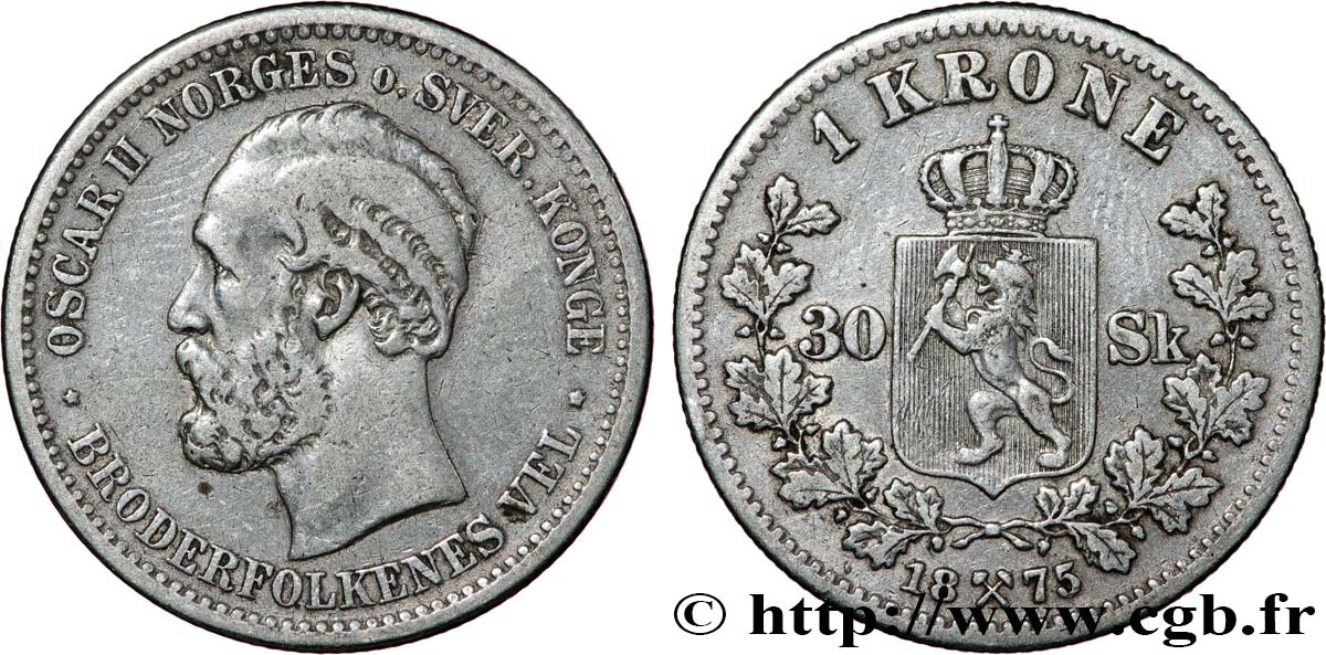 NORVÈGE - ROYAUME DE NORVÈGE - OSCAR II 1 Krone  1875  TTB 