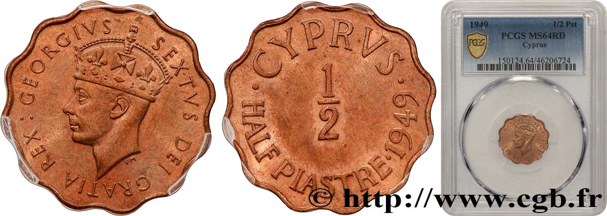 CYPRUS 1/2 Piastre roi Georges VI couronné 1949  MS64 PCGS