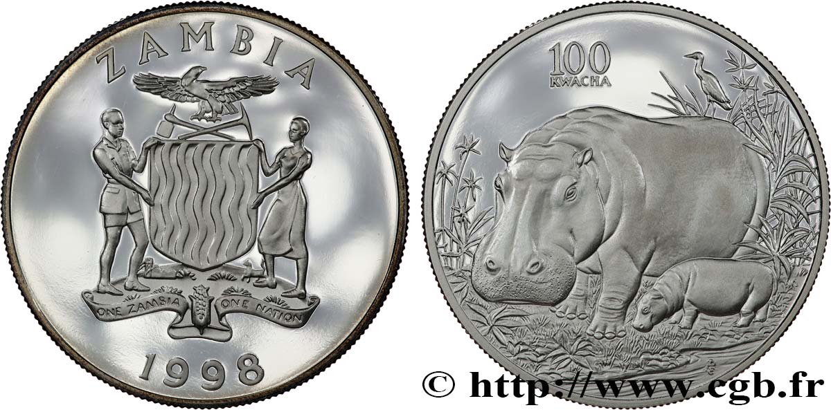 ZAMBIE 100 Kwacha Proof Hippopotame  1998  FDC 