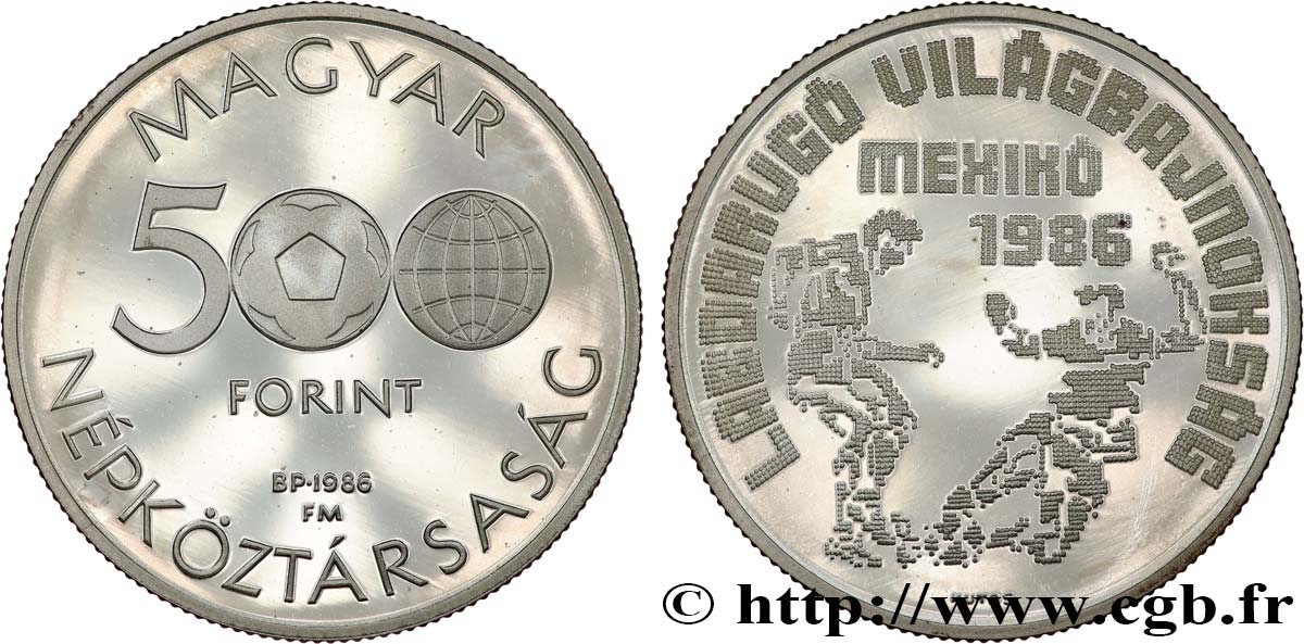 UNGARN 500 Forint Proof Coupe du monde de football Mexique 1986 1986 Budapest fST 