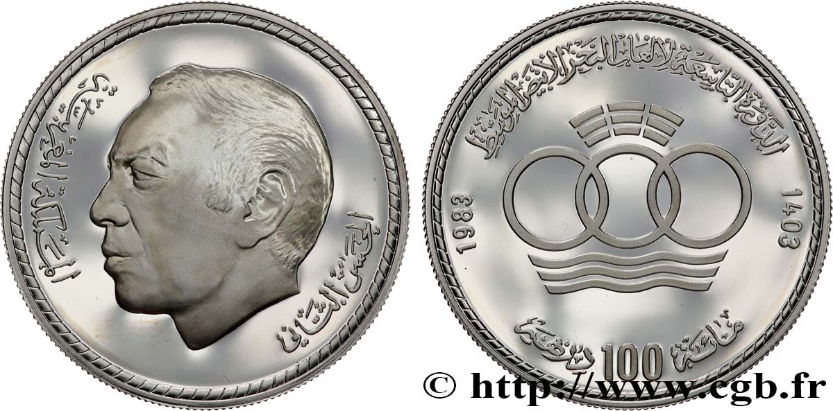 MAROC 100 Dirhams Proof Hassan II AH 1403 - 9e JEUX MÉDITERRANÉEN 1983  SPL 