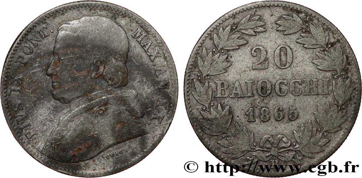 ITALIE - ÉTATS DU PAPE - PIE IX (Jean-Marie Mastai Ferretti) 20 Baiocchi an XX 1865 Rome TB 