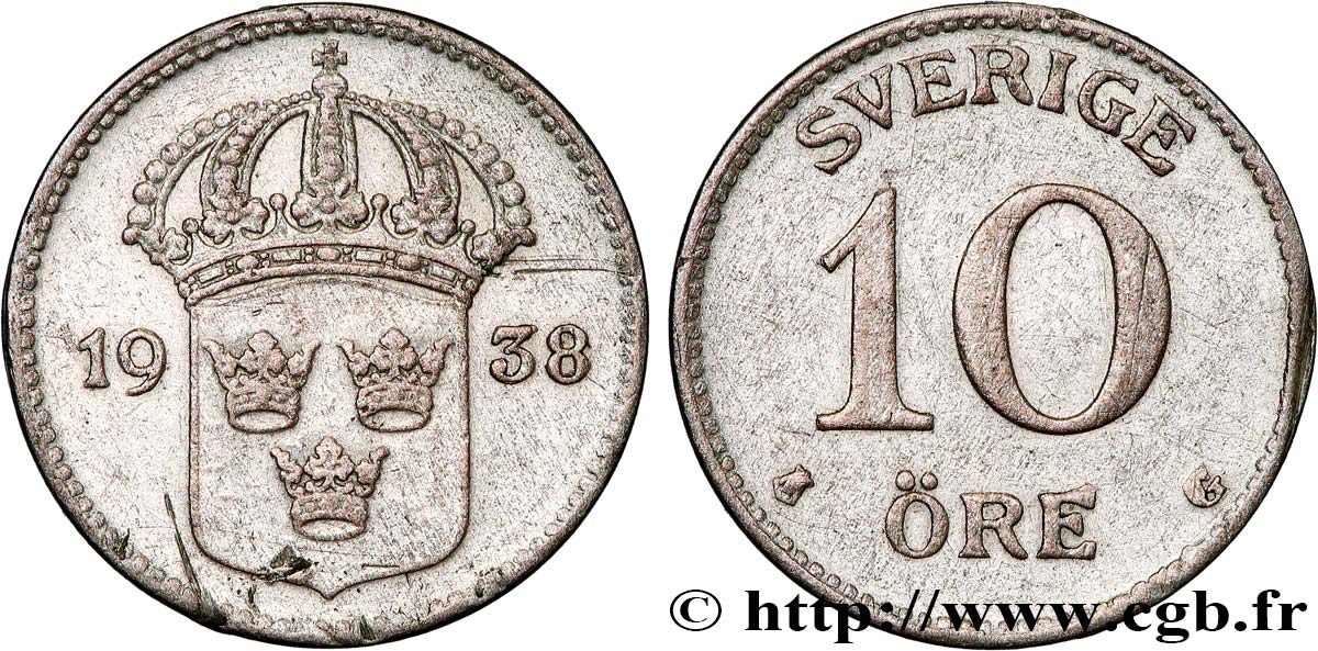 SWEDEN 10 Ore Gustave V 1938  XF 