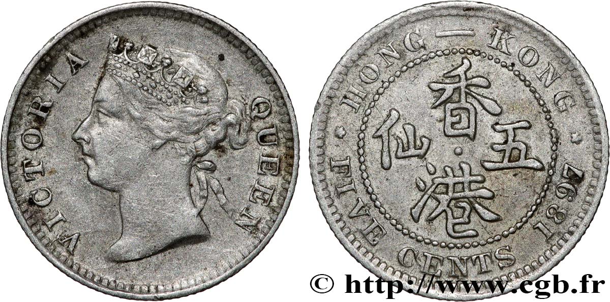 HONG KONG 5 Cents Victoria 1897  TTB 