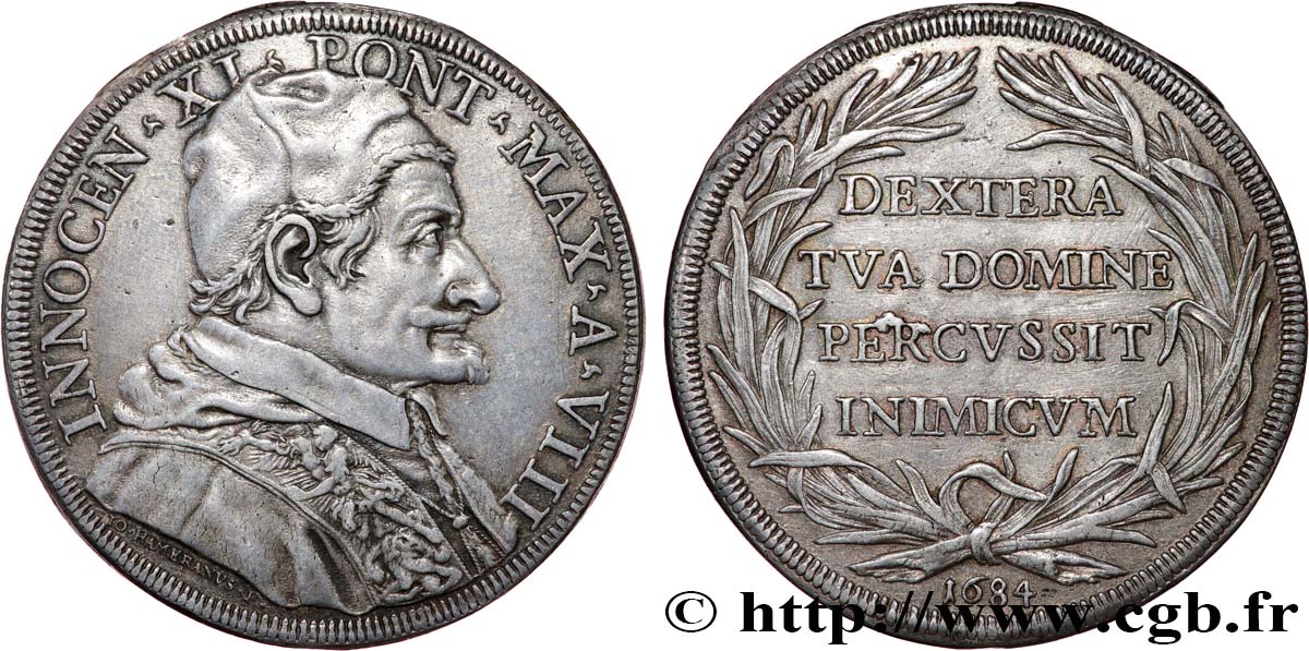 ITALIE - ÉTATS DU PAPE - INNOCENT XI (Benoît Odescalchi) 1 Piastre (Scudo de 80 Bolognini) an VIII 1684  TTB+ 