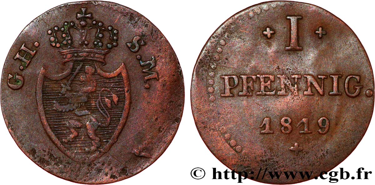 GERMANY - HESSE 1 Pfennig Hesse-Darmstadt 1819  XF 