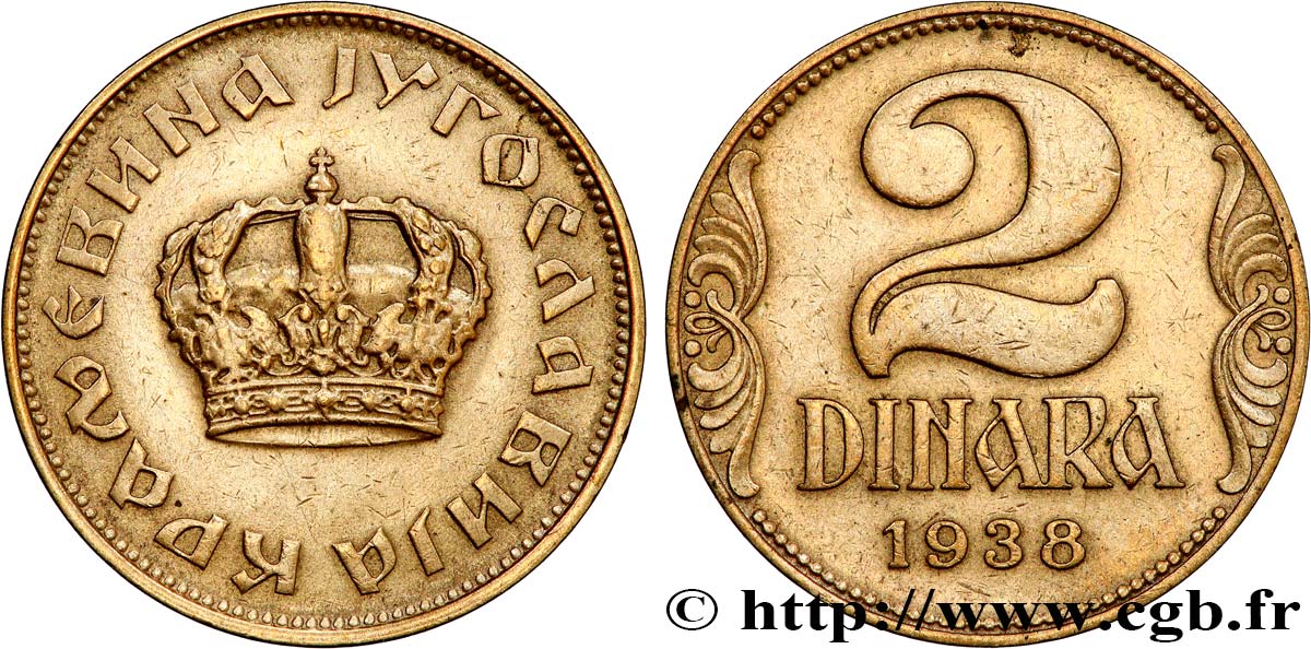 YOUGOSLAVIE 2 Dinara couronne 1938  TTB 
