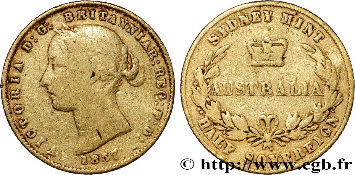 AUSTRALIE Demi-souverain Victoria tête laurée / couronne entre deux branches d’olivier 1857 Sydney TB 