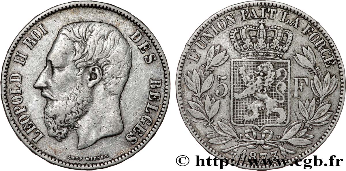 BELGIQUE 5 Francs Léopold II 1873  TB+ 