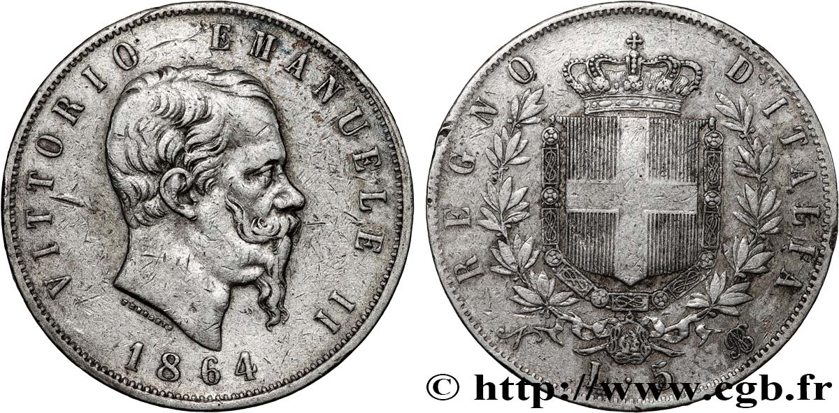 ITALY - KINGDOM OF ITALY - VICTOR-EMMANUEL II 5 Lire  1864 Naples VF 