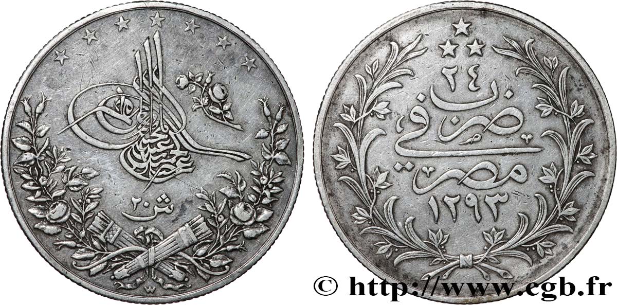 ÄGYPTEN 20 Qirsh Abdul Hamid II an 24 AH 1293 (1316) 1898 Misr SS 