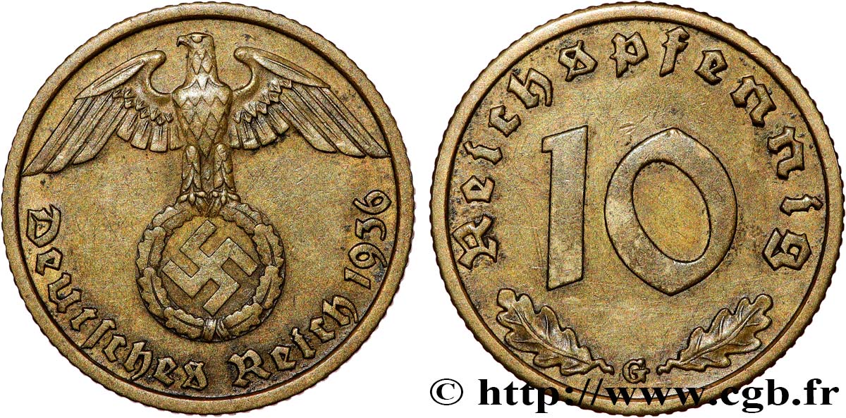 ALEMANIA 10 Reichspfennig aigle surmontant une swastika 1936 Karlsruhe MBC 