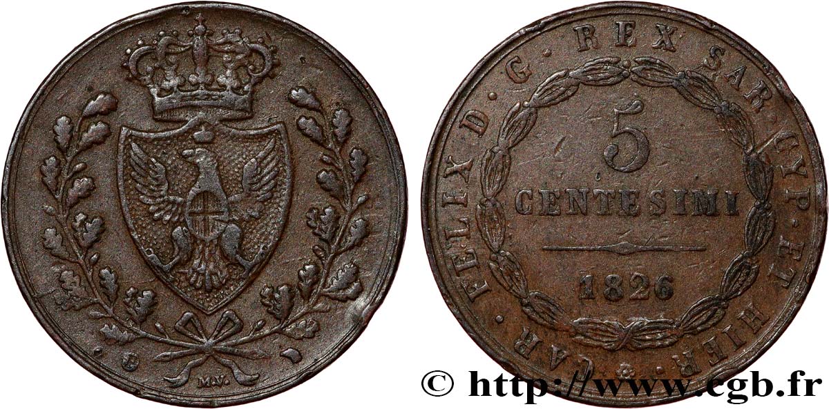 ITALY - KINGDOM OF SARDINIA 5 Centesimi type au “P” 1826 Turin XF 