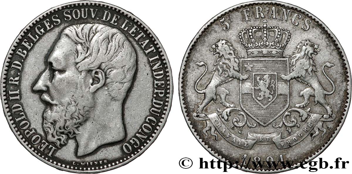 CONGO - CONGO FREE STATE - LEOPOLD II 5 Francs 1891 Bruxelles XF 