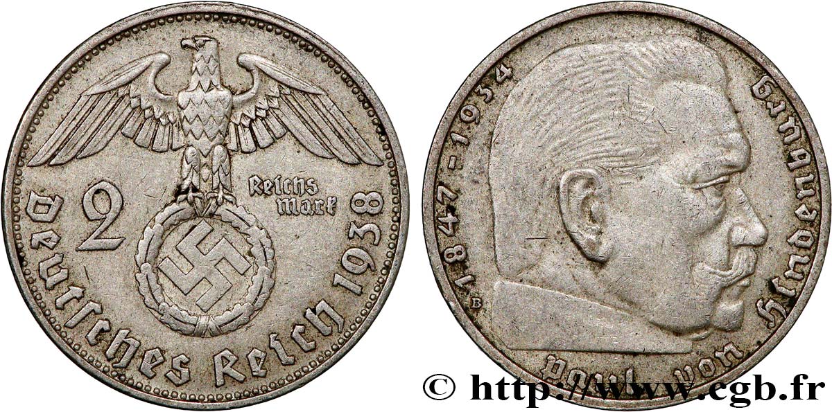 ALLEMAGNE 2 Reichsmark Maréchal Paul von Hindenburg 1938 Vienne TTB 