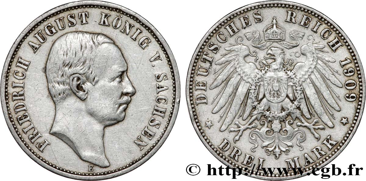 GERMANY - SAXONY 3 Mark Frédéric Auguste roi de Saxe 1909 Muldenhütten - E XF 