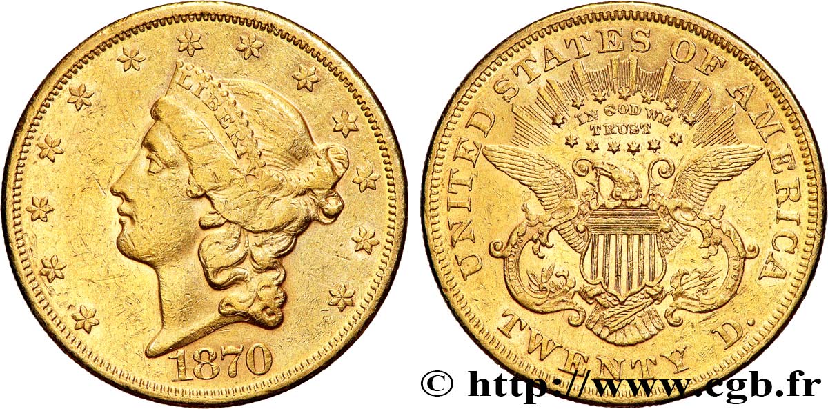 OR D INVESTISSEMENT 20 Dollars  Liberty  1870 Philadelphie TTB 