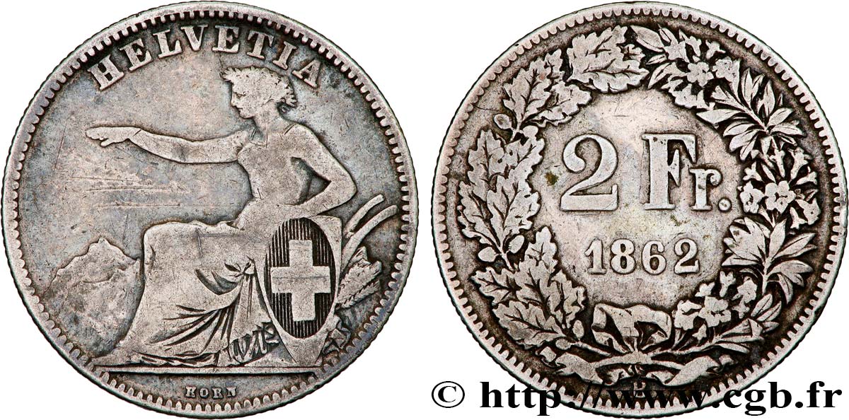 SUISSE 2 Francs Helvetia 1862 Berne TB+ 