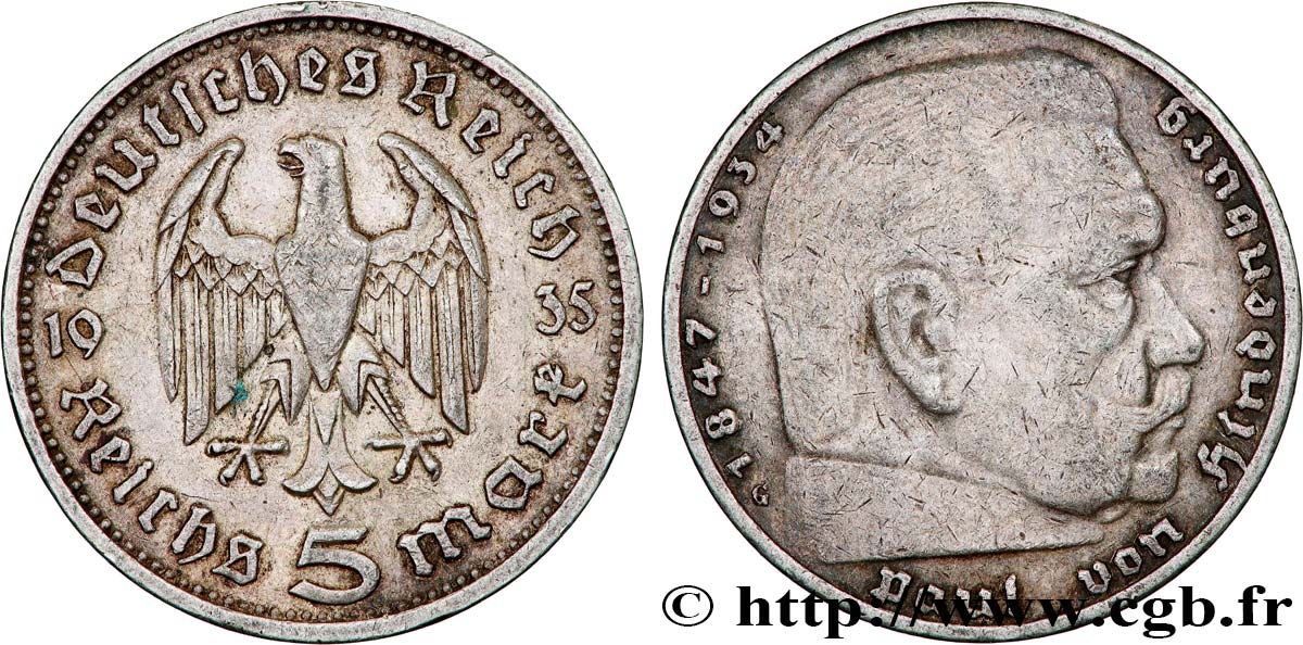 GERMANIA 5 Reichsmark Maréchal Paul von Hindenburg 1935 Karlsruhe - G BB 
