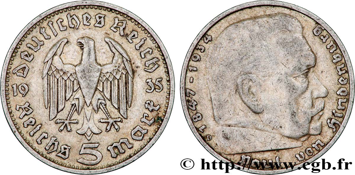 GERMANIA 5 Reichsmark Maréchal Paul von Hindenburg 1935 Munich BB 