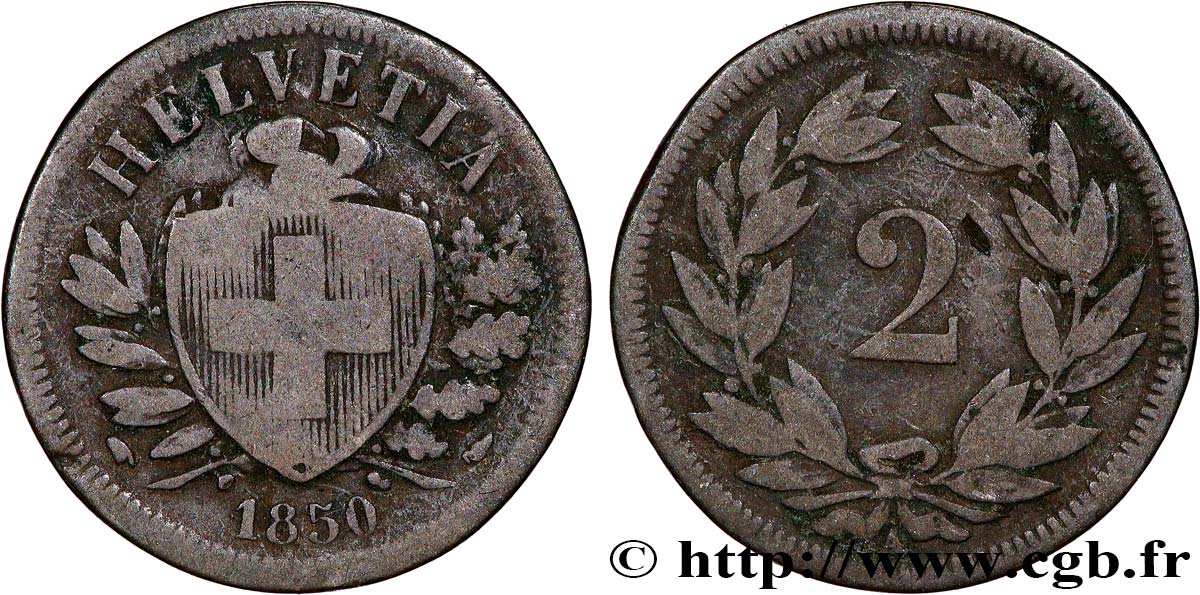 SUISSE 2 Centimes (Rappen) croix suisse 1850 Paris TB+ 