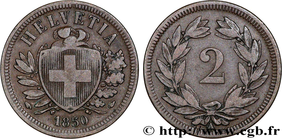 SUISSE 2 Centimes (Rappen) croix suisse 1850 Paris TTB 