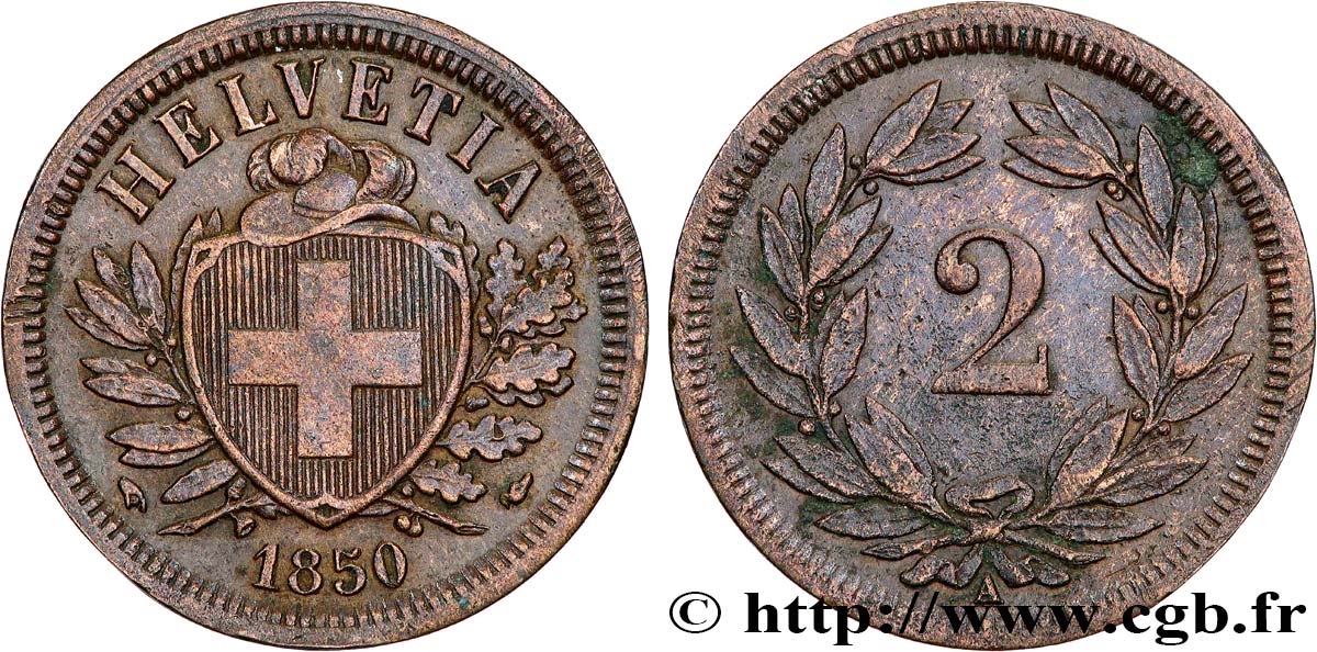 SVIZZERA  2 Centimes (Rappen) croix suisse 1850 Paris q.SPL 