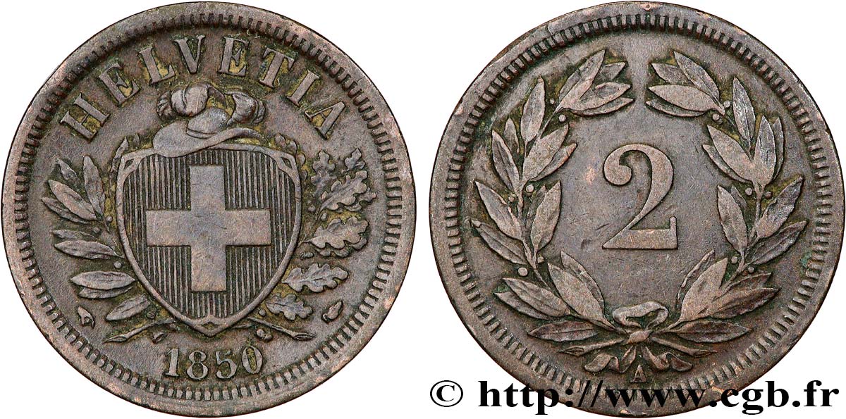 SUISSE 2 Centimes (Rappen) croix suisse 1850 Paris TTB+ 
