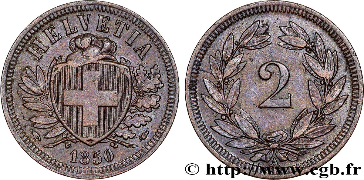 SWITZERLAND 2 Centimes (Rappen) croix suisse 1850 Paris AU 