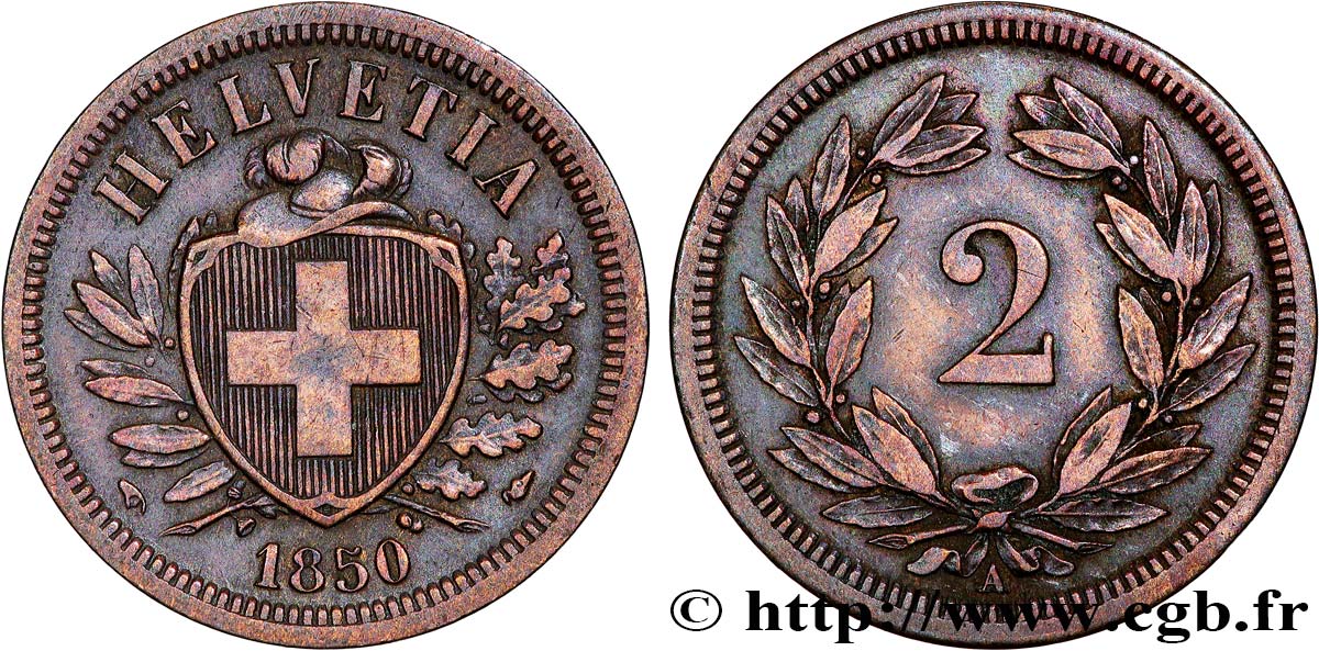 SUIZA 2 Centimes (Rappen) croix suisse 1850 Paris MBC+ 