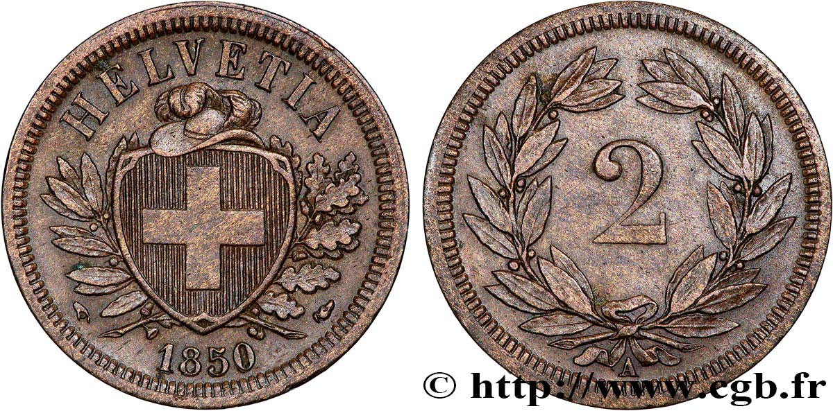 SWITZERLAND 2 Centimes (Rappen) croix suisse 1850 Paris AU 