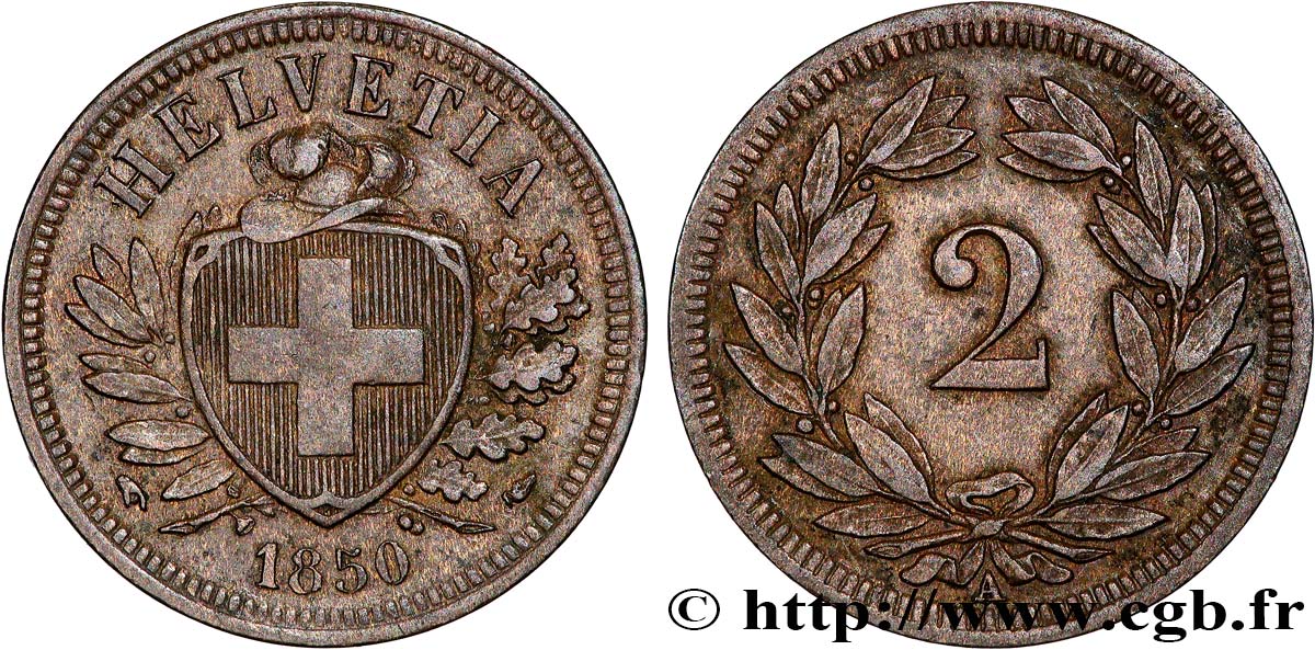 SWITZERLAND 2 Centimes (Rappen) croix suisse 1850 Paris AU 