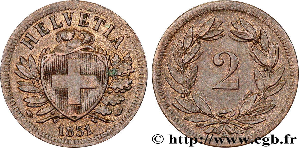 SCHWEIZ 2 Centimes (Rappen) croix suisse 1851 Paris VZ 
