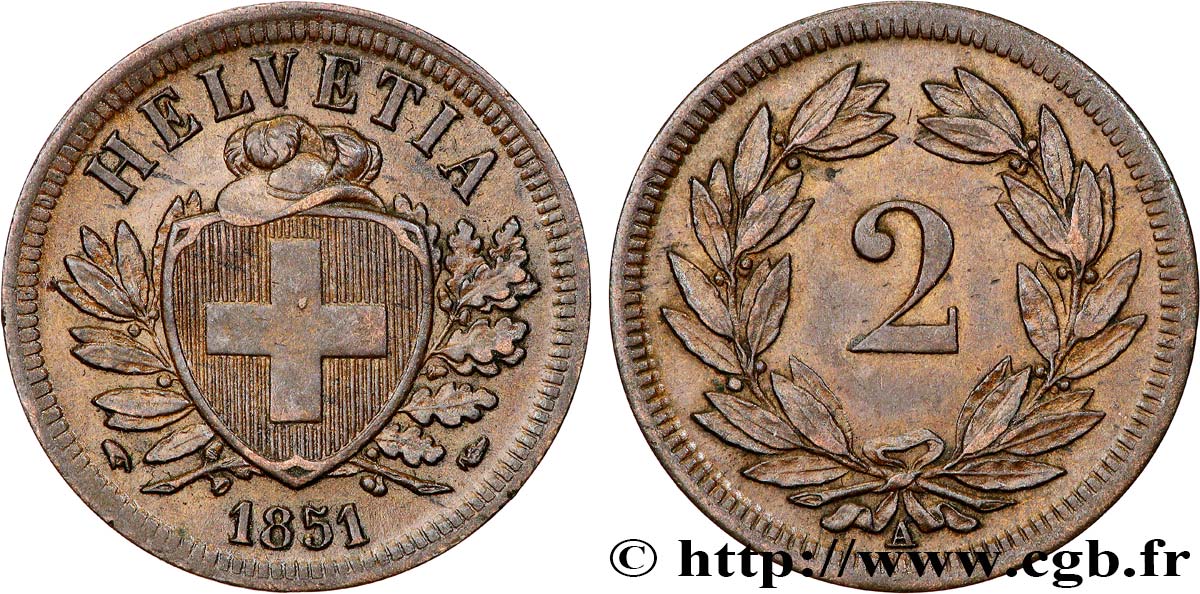 SUISSE 2 Centimes (Rappen) croix suisse 1851 Paris SUP 