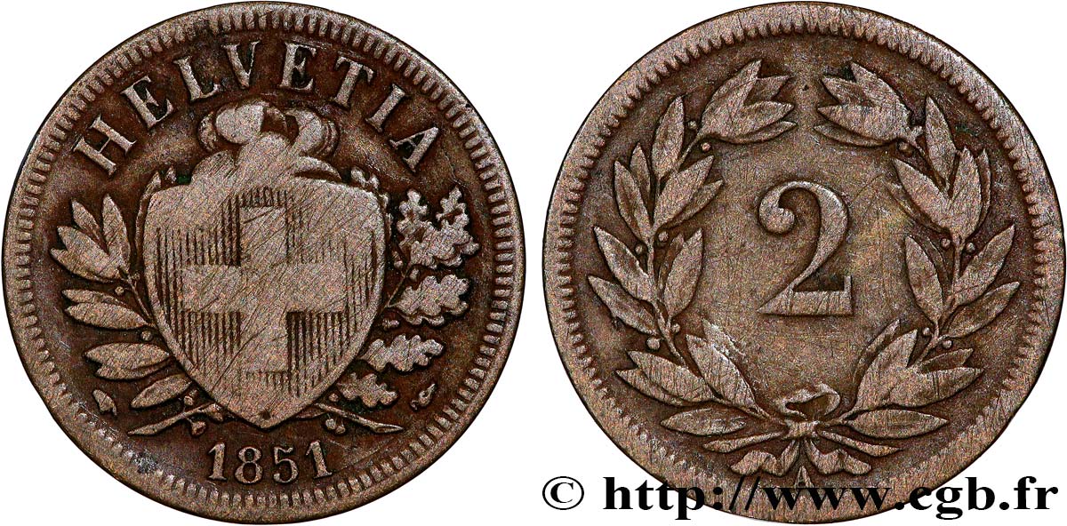 SVIZZERA  2 Centimes (Rappen) croix suisse 1851 Paris q.BB 