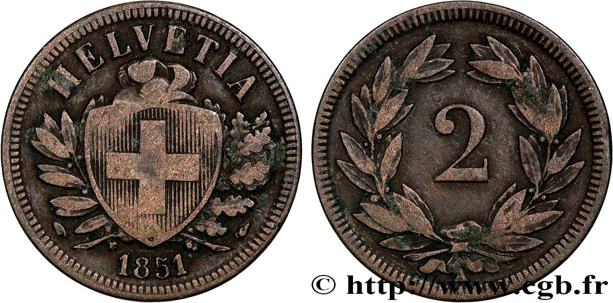 SCHWEIZ 2 Centimes (Rappen) croix suisse 1851 Paris fSS 